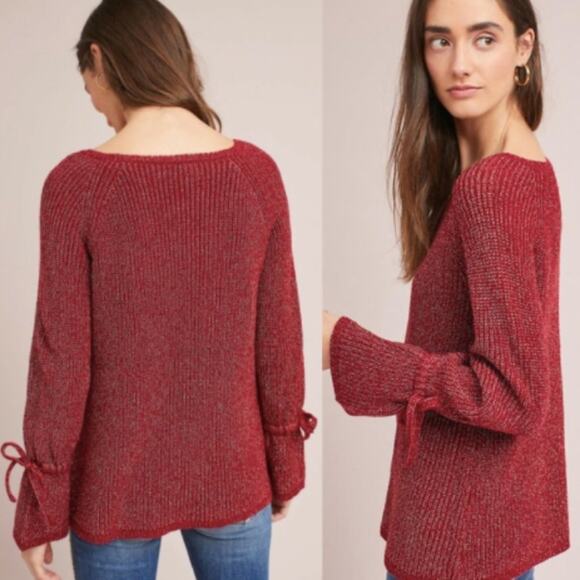 Anthro Moth Tanwen Red Metallic Bell Sleeve Sweater - Picture 1 of 6